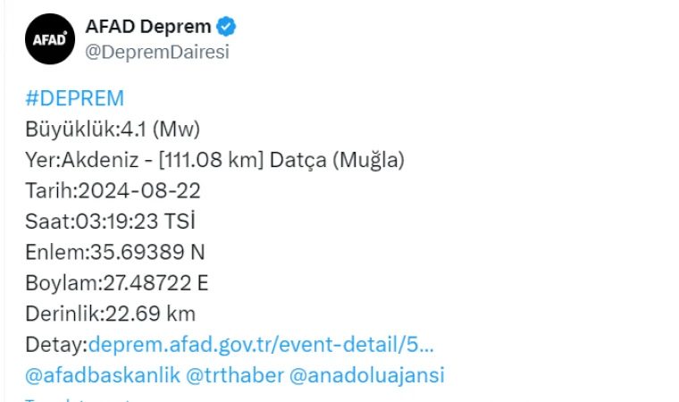 Datça Açıklarında 4.1 Büyüklüğünde Sarsıntı: AFAD'dan Açıklama