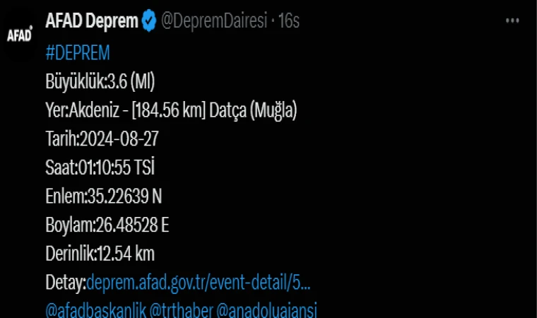 Datça'da 3.6 büyüklüğünde deprem!