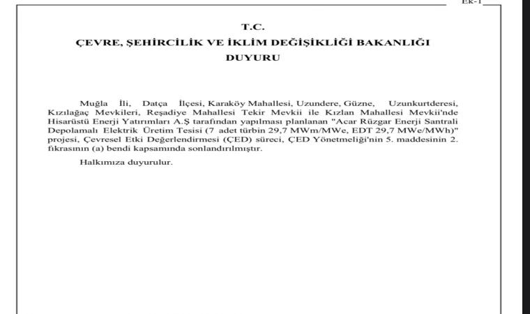 Datça'daki Elektrik Üretim Tesisi Projesi'nin ÇED Süreci Sonlandırıldığı Duyuruldu