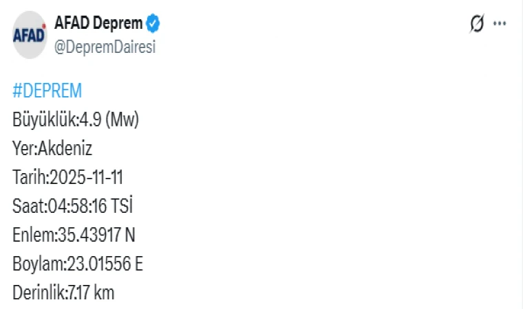 Akdeniz Açıklarında 4.9 Büyüklüğünde Deprem