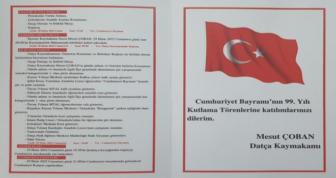 KAYMAKAM MESUT ÇOBAN'DAN DATÇA HALKINA DAVET! CUMHURİYETİMİZİN 99.YILINI KUTLAMAK İÇİN BULUŞUYORUZ