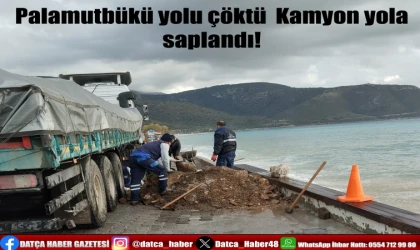 Palamutbükü yolu çöktü Kamyon yola saplandı!