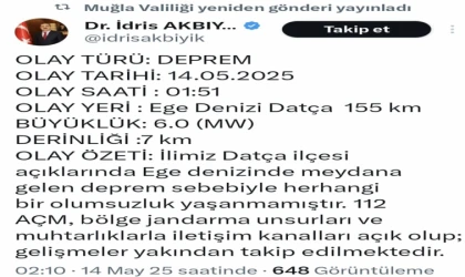 GÜNCELLEME - Datça açığı Akdeniz'de 6,0 büyüklüğünde deprem' e MUĞLA VALİSİNDEN AÇIKLAMA